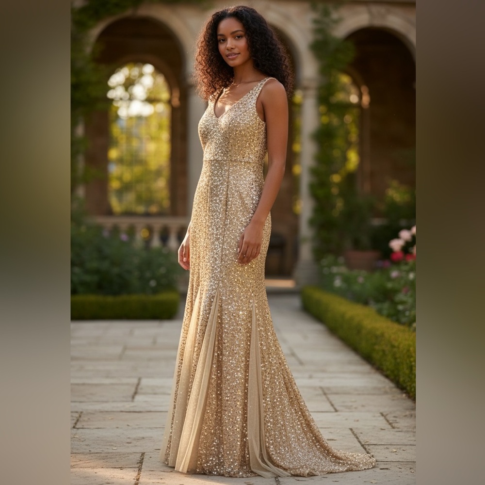 S- Elegant Gold Sequin Evening Gown